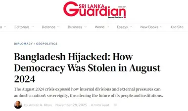 বাংলাদেশে ২০২৪ সালের আগস্টের রাজনৈতিক পরিবর্তনকে ঘিরে শ্রীলঙ্কা গার্ডিয়ানে প্রকাশিত এক মতামতধর্মী লেখায় এটিকে “গণতন্ত্র ছিনতাই” ও “বিদেশি শক্তি সমর্থিত অভ্যুত্থান” হিসেবে ব্যাখ্যা করা হয়েছে। লেখক আনোয়ার এ. খান ঘটনাগুলোর পেছনে আন্তর্জাতিক প্রভাব, দেশীয় রাজনৈতিক সমন্বয় ও সামরিক ভূমিকার অভিযোগ তুলেছেন।